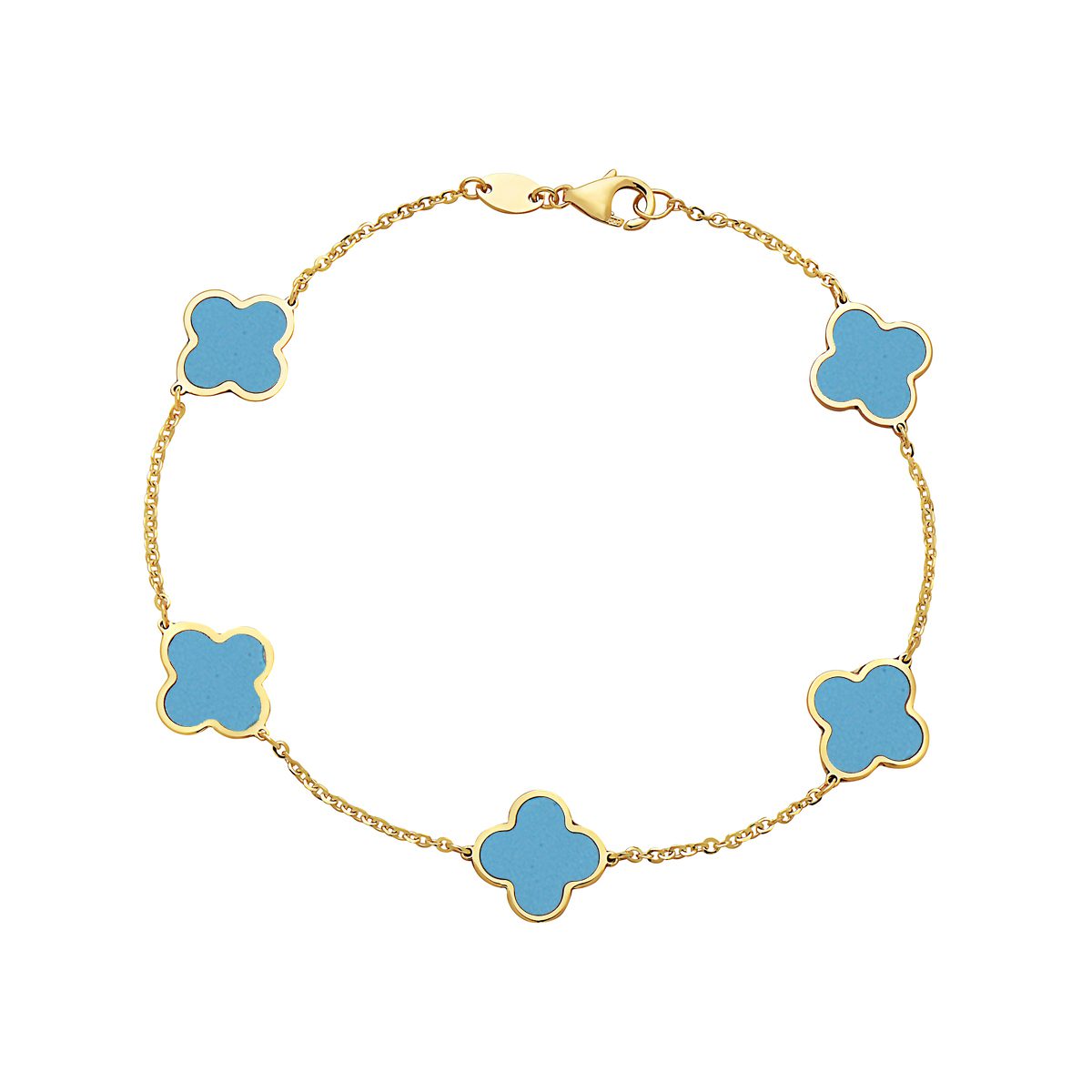 14K Yellow Gold Clover Station Bracelet (Turquoise)