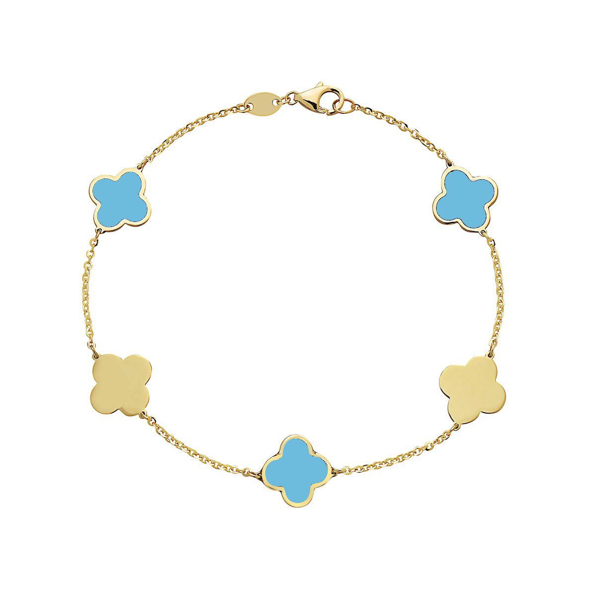 14K Yellow Gold Clover Station Bracelet Two-Color (Turquoise / Gold)