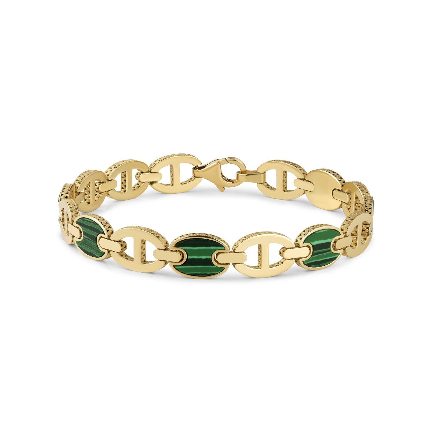 14K Yellow Gold Solid Mariner Links 7.00" Bracelet (Malachite)