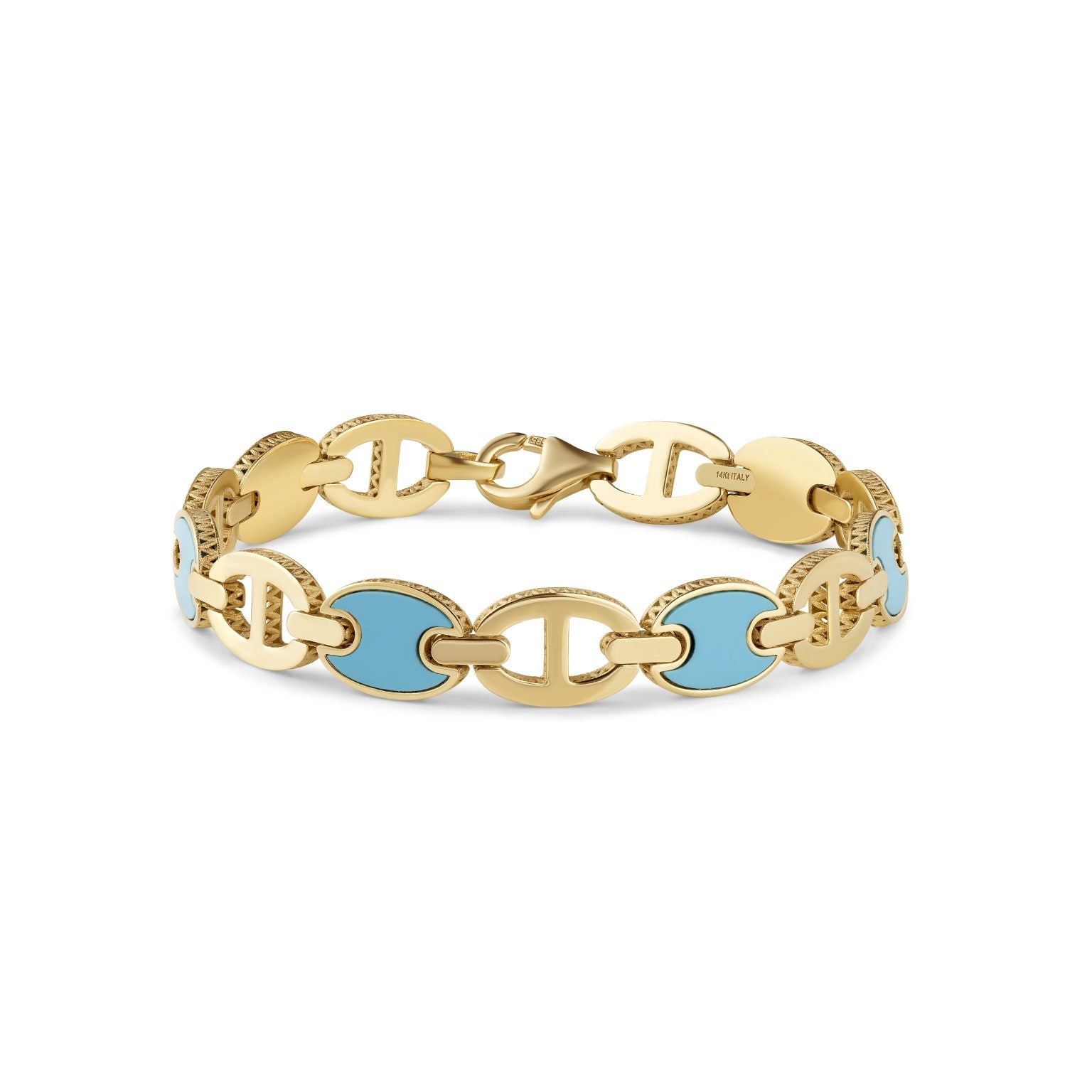 14K Yellow Gold Solid Mariner Links 7.00" Bracelet (Turquoise)