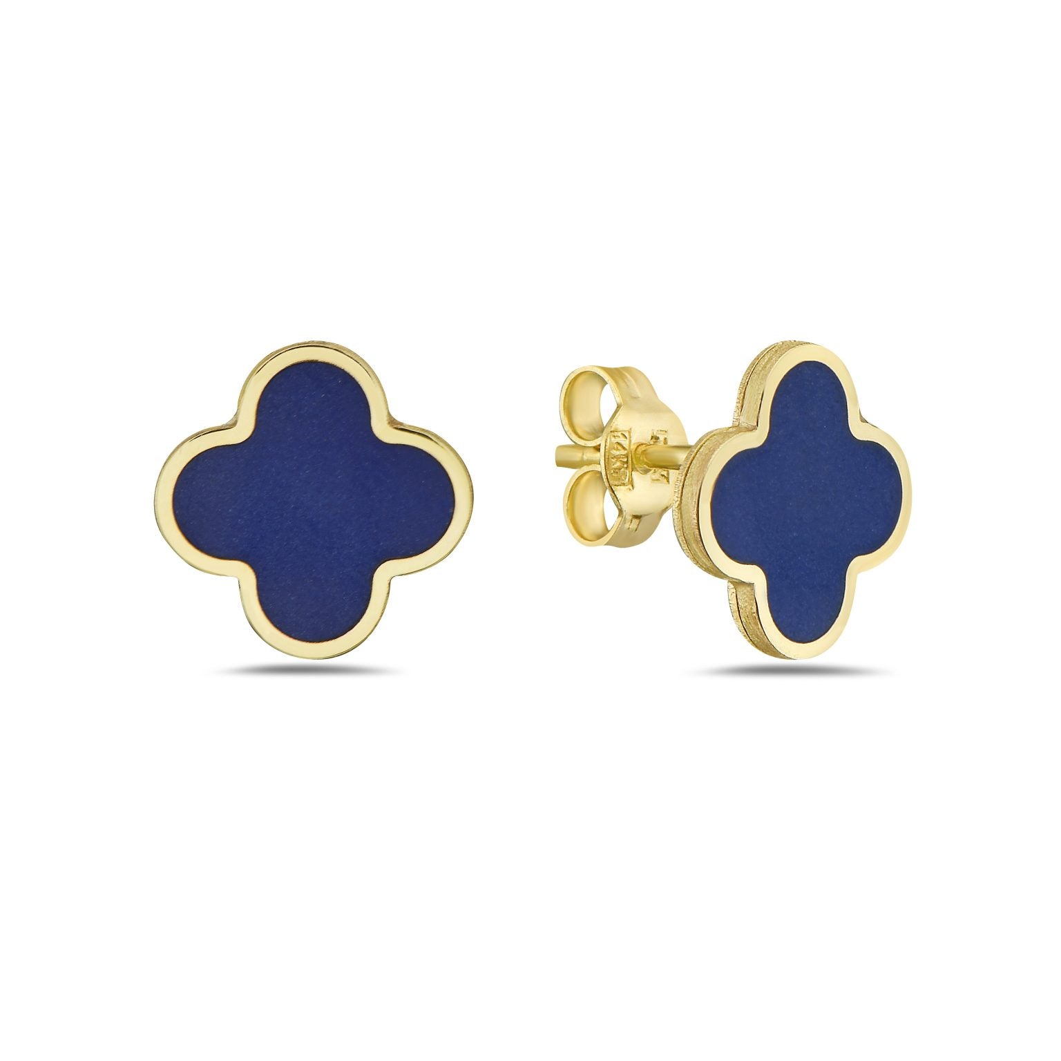 14K Yellow Gold Small Clover Stud Earrings (Lapis)