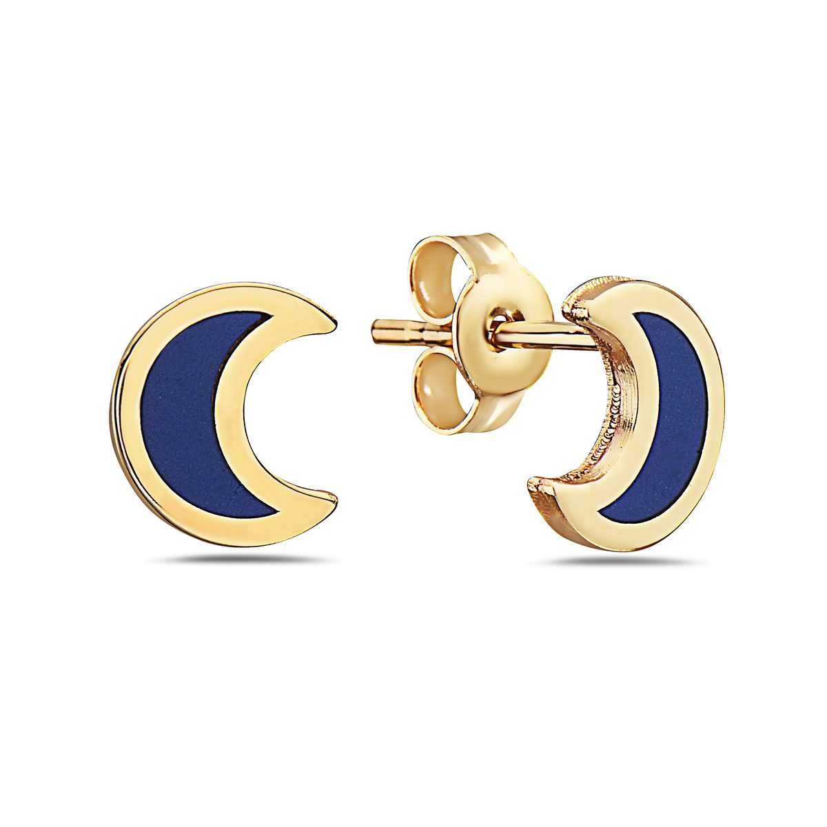 14K Yellow Gold Small Moon Stud Earrings (Lapis)