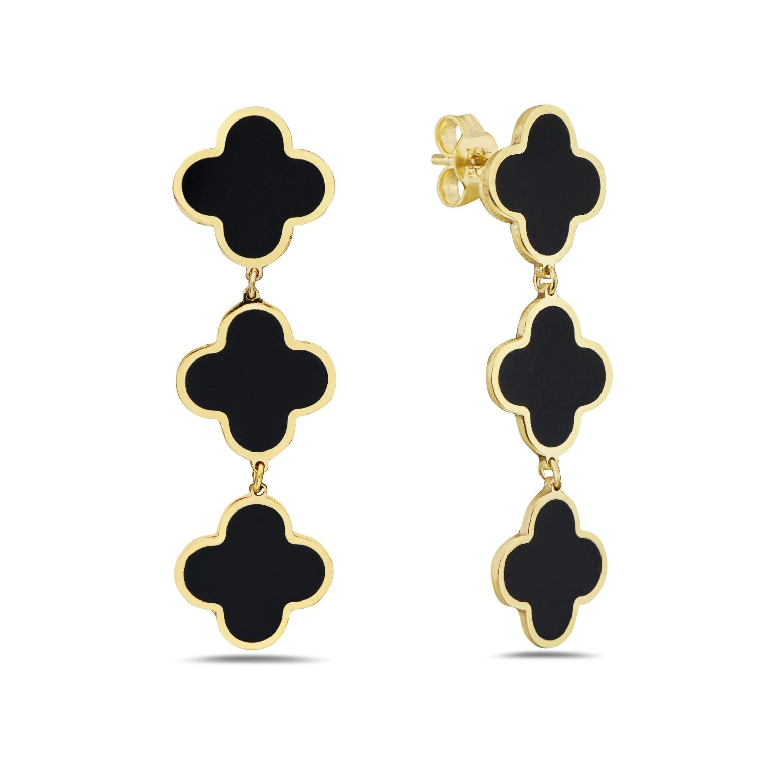 14K Yellow Gold Triple Clover Dangle Earrings (Onyx) Birmingham Jewelry Earrings Birmingham Jewelry