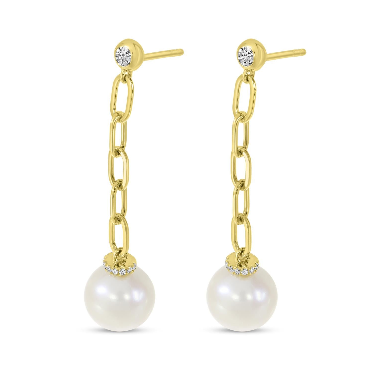 14K Yellow Gold Diamond and Pearl Link Dangle Earrings Birmingham Jewelry Earrings Birmingham Jewelry