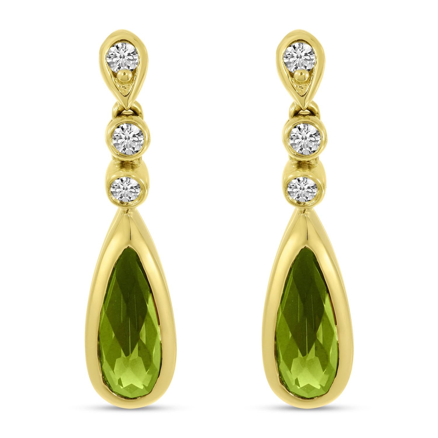 14K Yellow Gold Elongated Pear Peridot and Diamond Teardrop Earrings Birmingham Jewelry Earrings Birmingham Jewelry