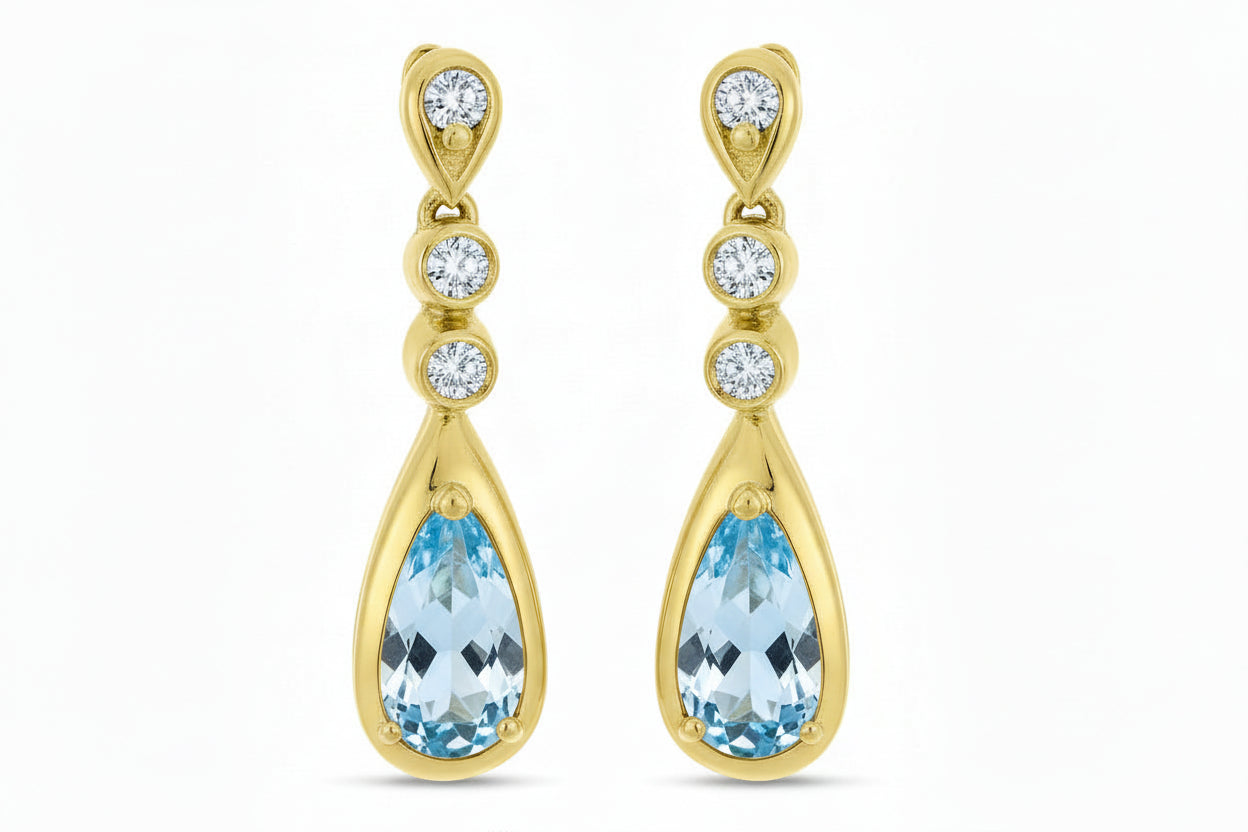 14K Yellow Gold Elongated Pear Aquamarine and Diamond Teardrop Earrings Birmingham Jewelry Earrings Birmingham Jewelry