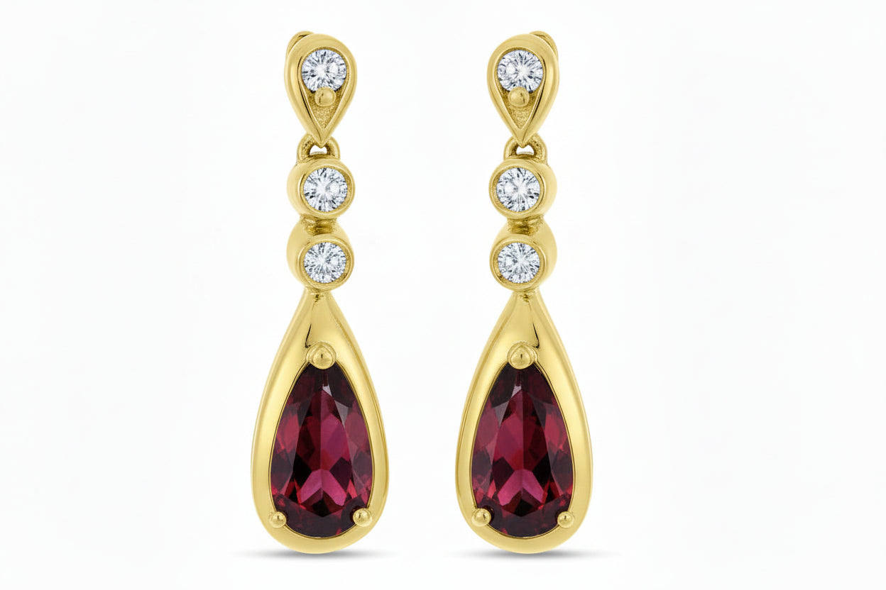 14K Yellow Gold Elongated Pear Garnet and Diamond Teardrop Earrings Birmingham Jewelry Earrings Birmingham Jewelry