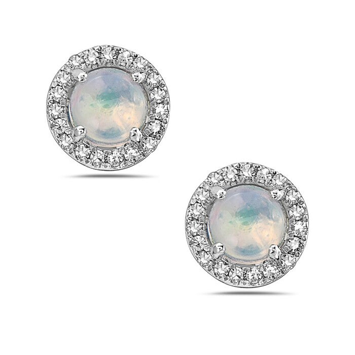 14K White Gold Round Shape Opal And Diamond Halo Earring Birmingham Jewelry Earrings Birmingham Jewelry