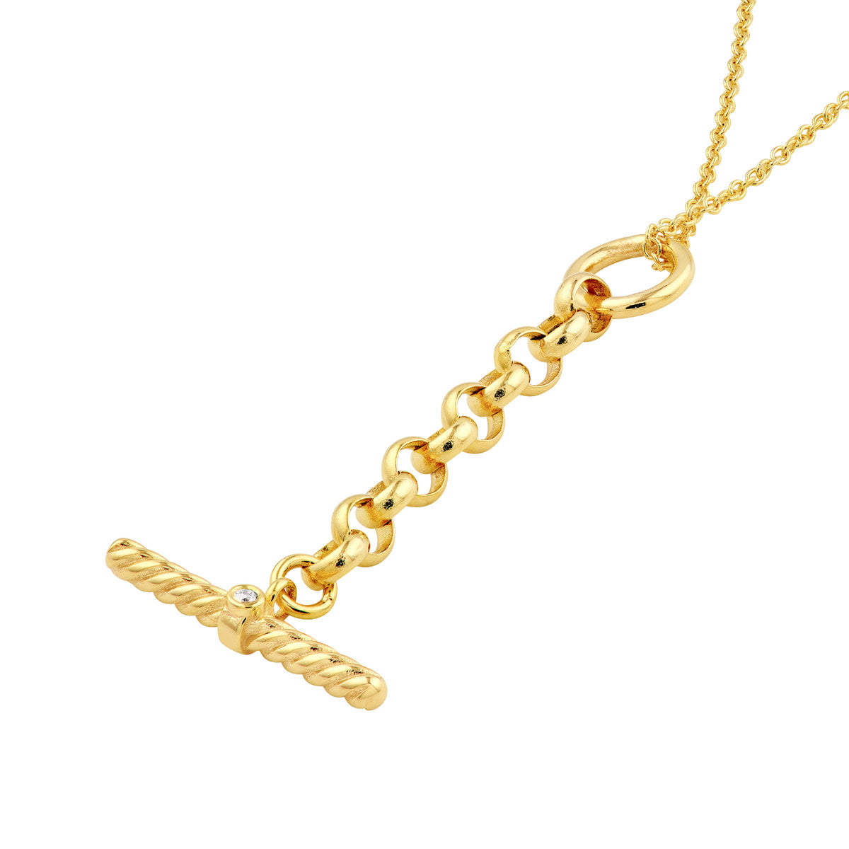 14K Yellow Gold Diamond Bar On Rolo Chain Charm