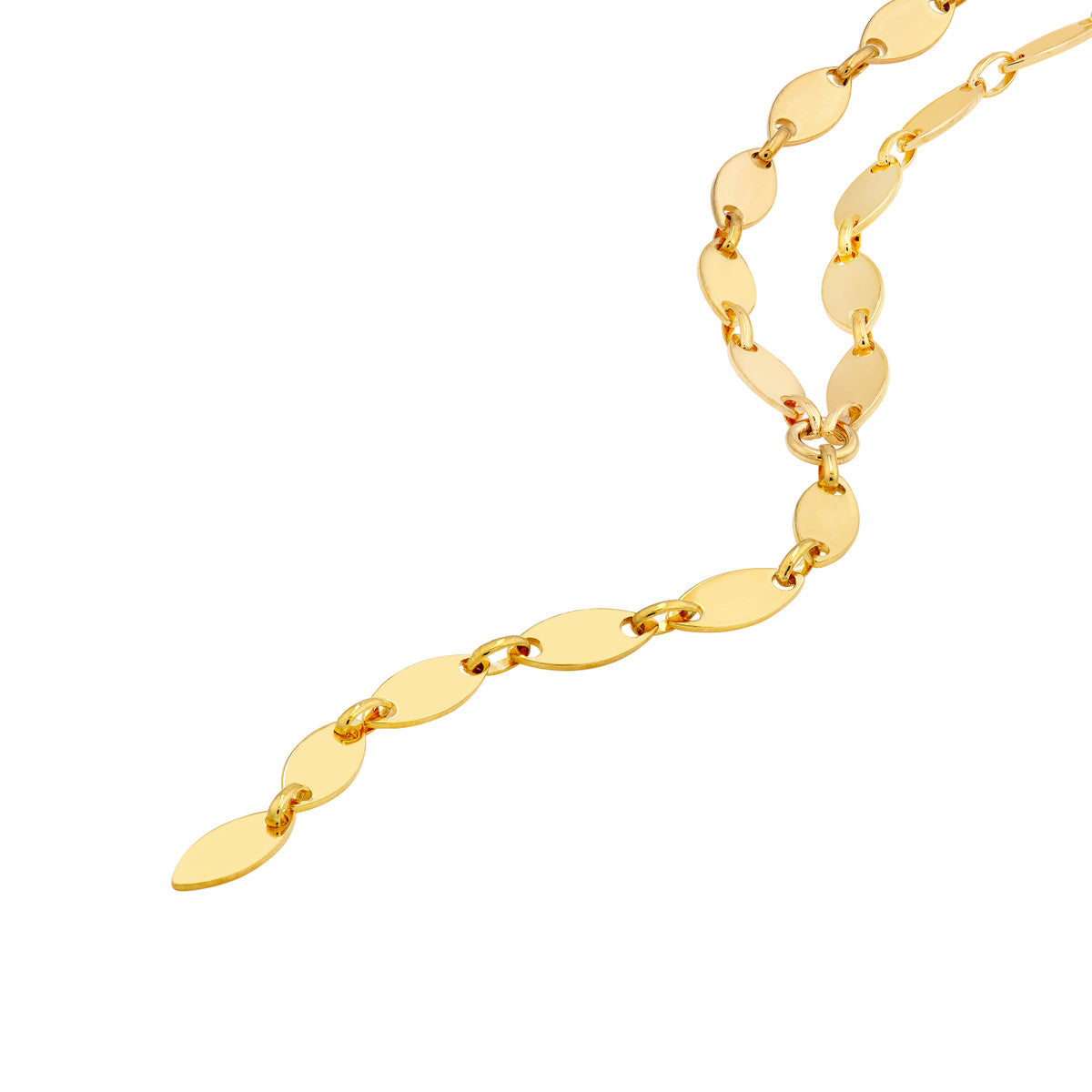 14K Yellow Gold Mirror Oval Shape Link Lariat Necklace