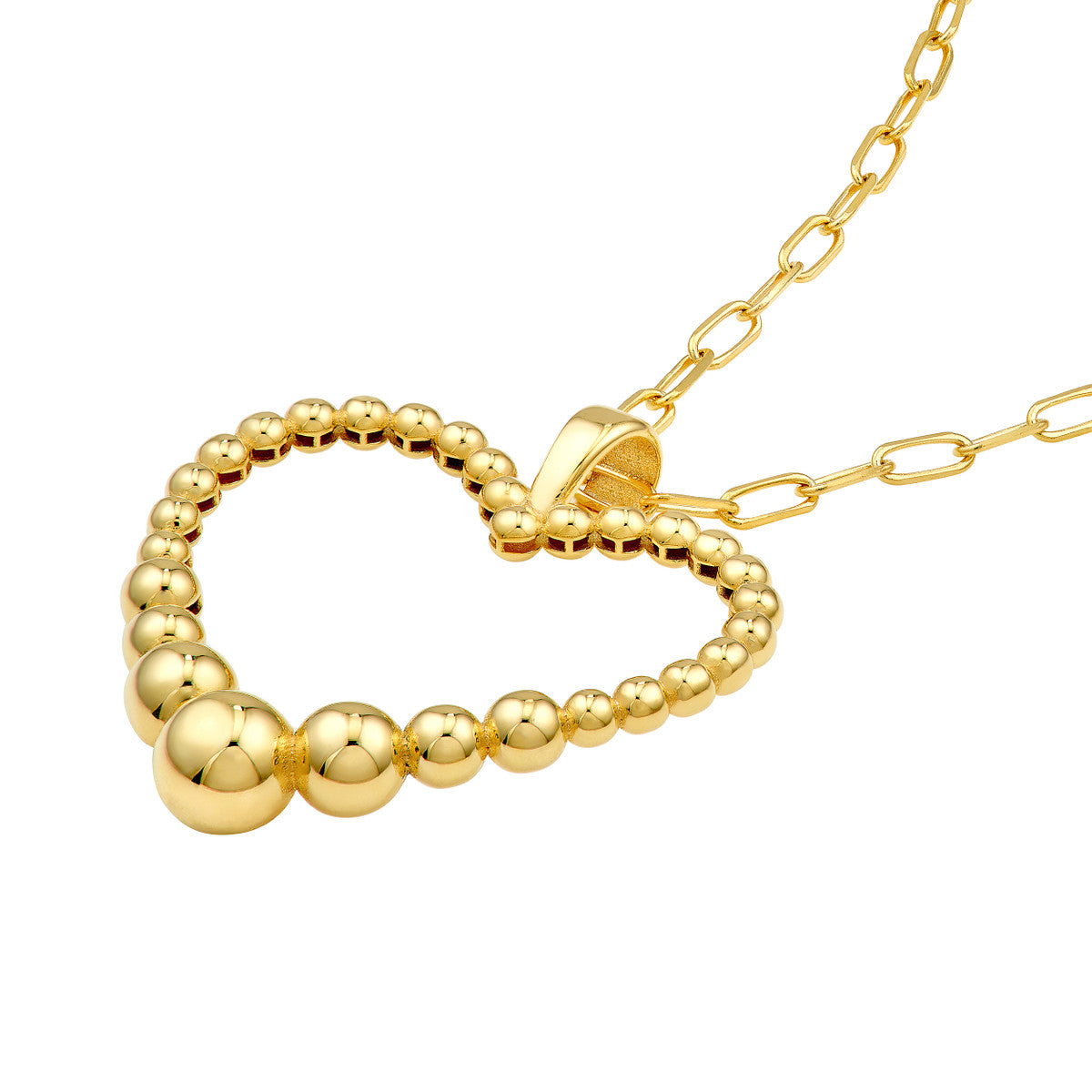 14K Yellow Gold Graduated Beaded Heart Pendant Necklace