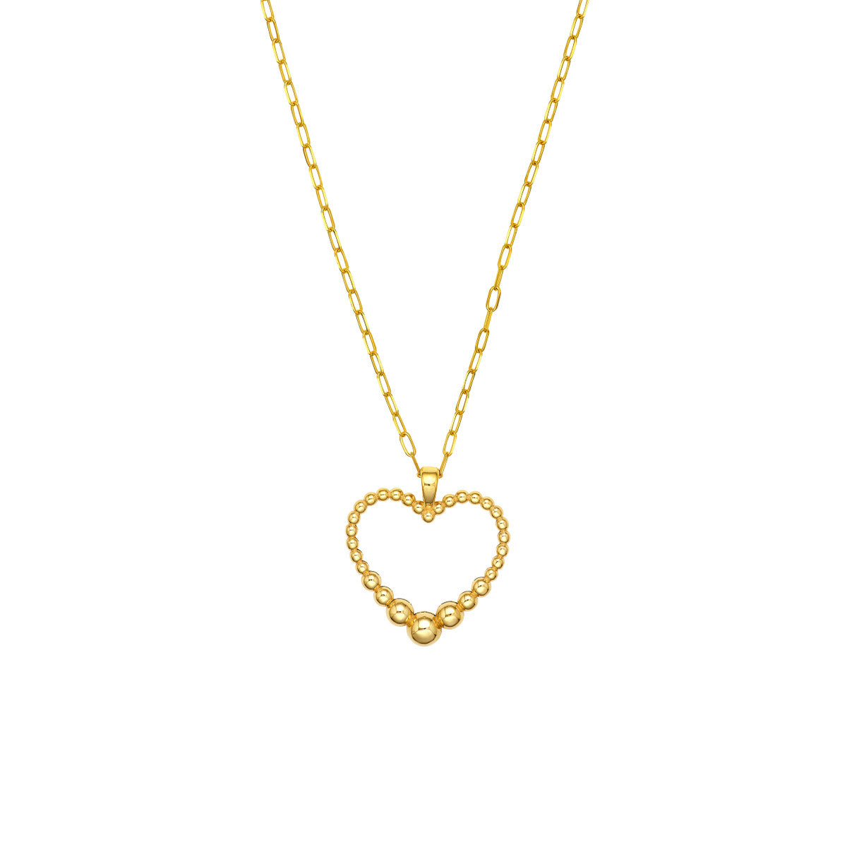 14K Yellow Gold Graduated Beaded Heart Pendant Necklace