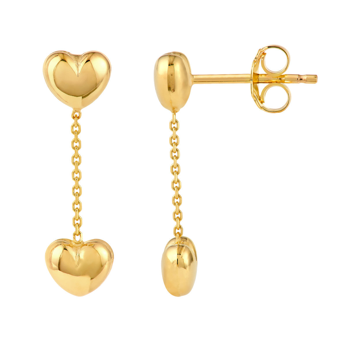 14K Yellow Gold Heart Cable Chain Dangle Earrings