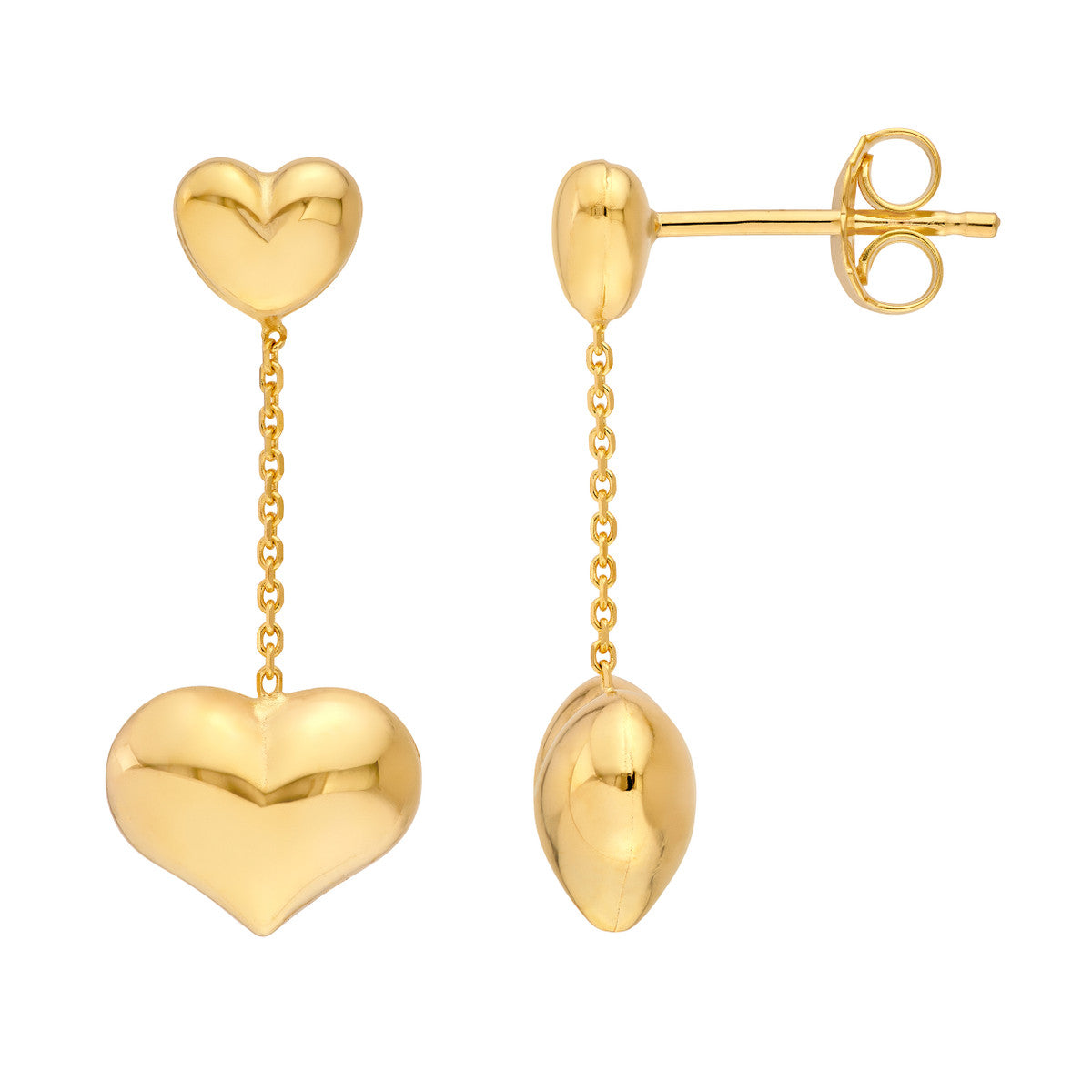14K Yellow Gold Large Heart Cable Chain Dangle Earrings