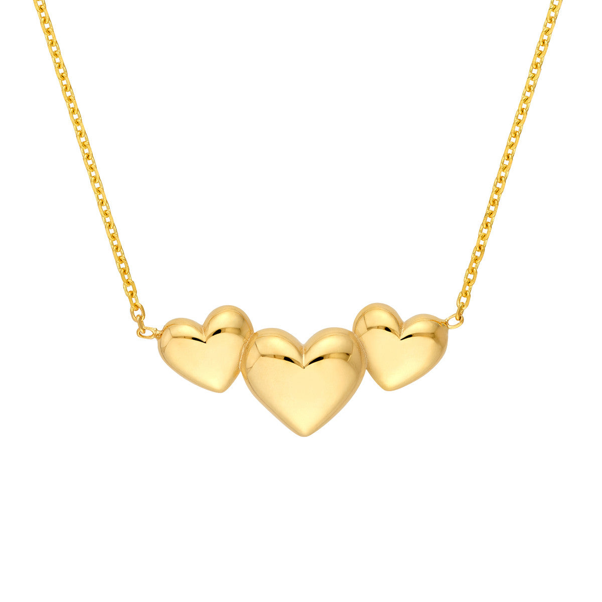 14K Yellow Gold Grouped 3 Hearts Cable Necklace