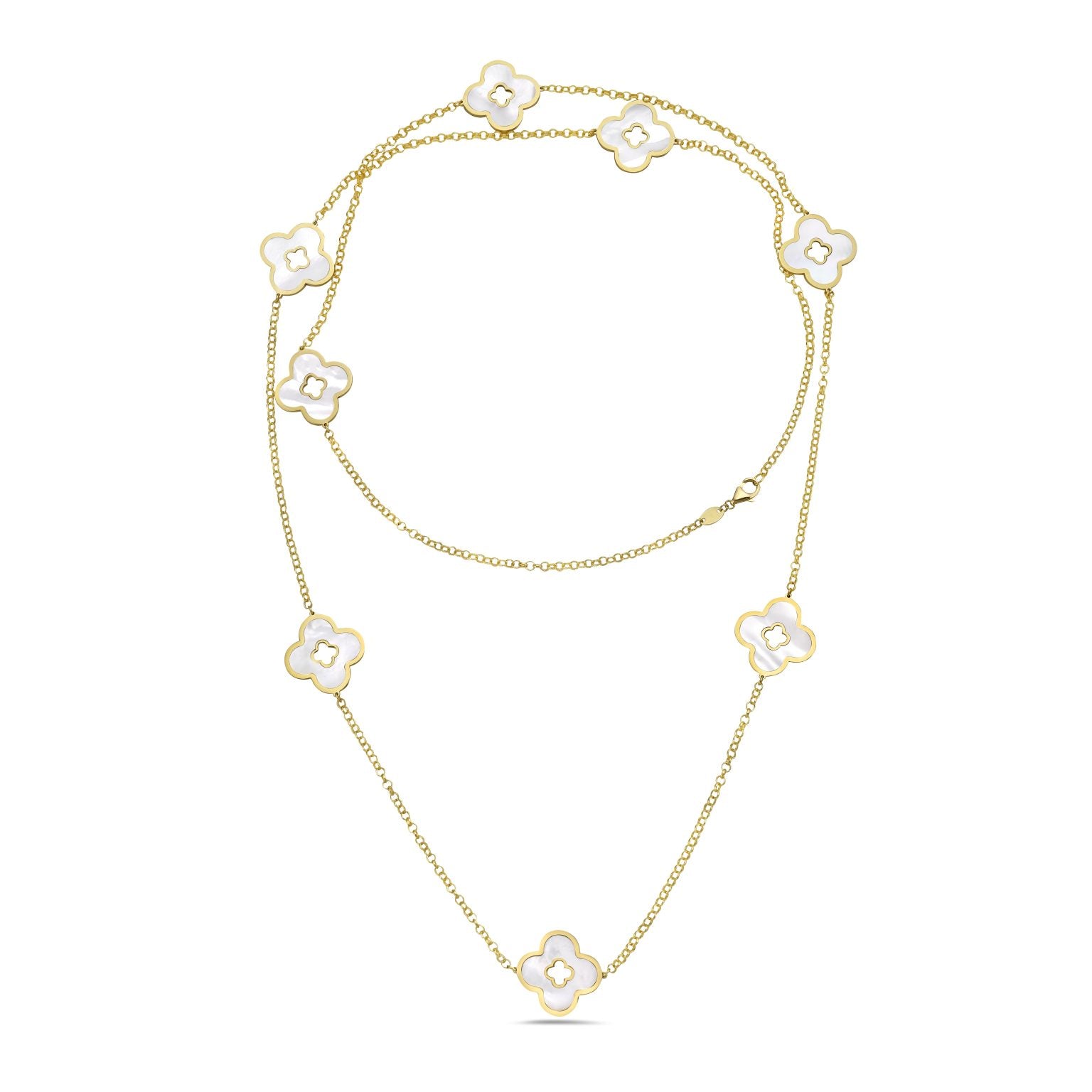 14K Yellow Gold Clover Cut-Out Station Long Necklace (MOP) Birmingham Jewelry Necklace Birmingham Jewelry