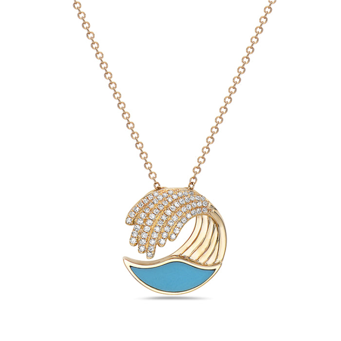 14K Yellow Gold Wave Shape Turqoise Diamond Halo Necklace Birmingham Jewelry Necklace Birmingham Jewelry