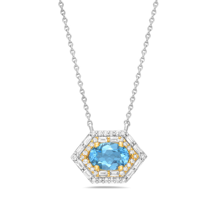 14K Two Tone Gold Blue Topaz And Diamond Necklace