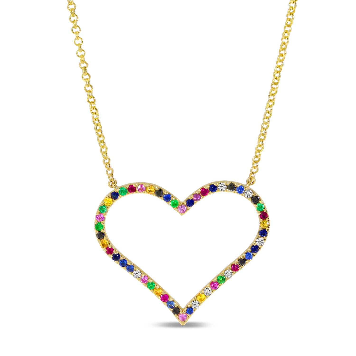 14K Yellow Gold Rainbow Sapphire Large Open Heart Necklace Birmingham Jewelry Necklace Birmingham Jewelry