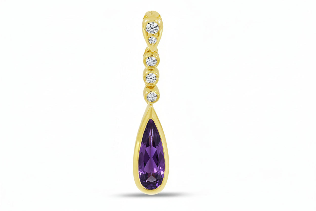 14K Yellow Gold Amethyst Teardrop Diamond Pendant Birmingham Jewelry Necklace Birmingham Jewelry
