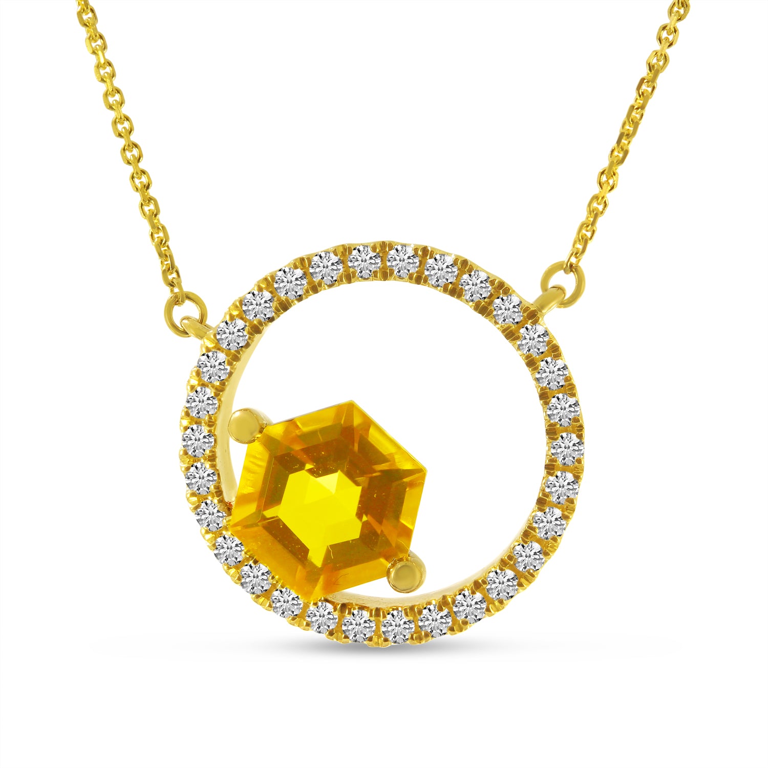 14K Yellow Gold Hexagon Citrine Diamond Circle Semi Precious Necklace Birmingham Jewelry Necklace Birmingham Jewelry