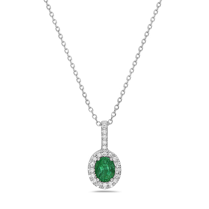 14K White Gold Oval Emerald Diamond Halo Necklace Birmingham Jewelry Necklace Birmingham Jewelry