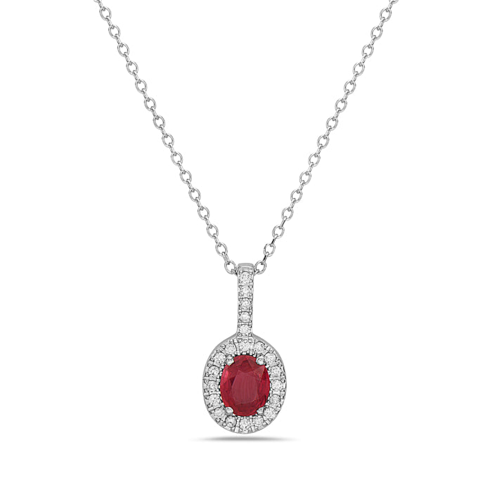 14K White Gold Oval Ruby Diamond Halo Necklace Birmingham Jewelry Necklace Birmingham Jewelry