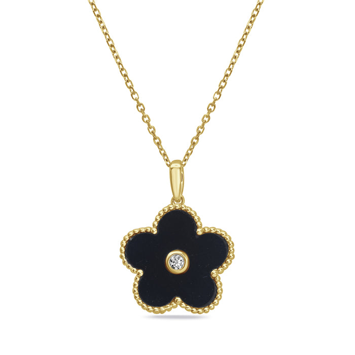 14K Yellow Gold Flower Pendant Necklace with Black Onyx & Diamond Accent Birmingham Jewelry Necklace Birmingham Jewelry