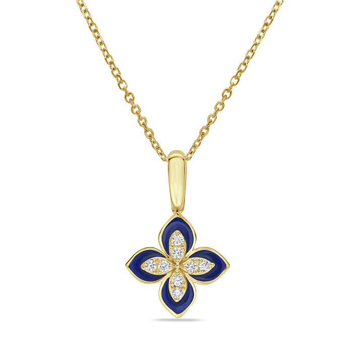 14K Yellow Gold Blue Enamel Flower And Diamond Necklace Birmingham Jewelry Necklace Birmingham Jewelry