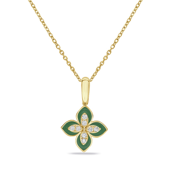 14K Yellow Gold Green Enamel Flower And Diamond Necklace Birmingham Jewelry Necklace Birmingham Jewelry