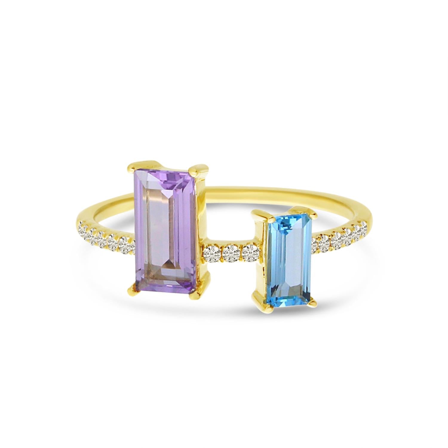 14K Yellow Gold Emerald Cut Amethyst and Blue Topaz Duo with Diamond Semi Precious Ring Birmingham Jewelry Ring Birmingham Jewelry