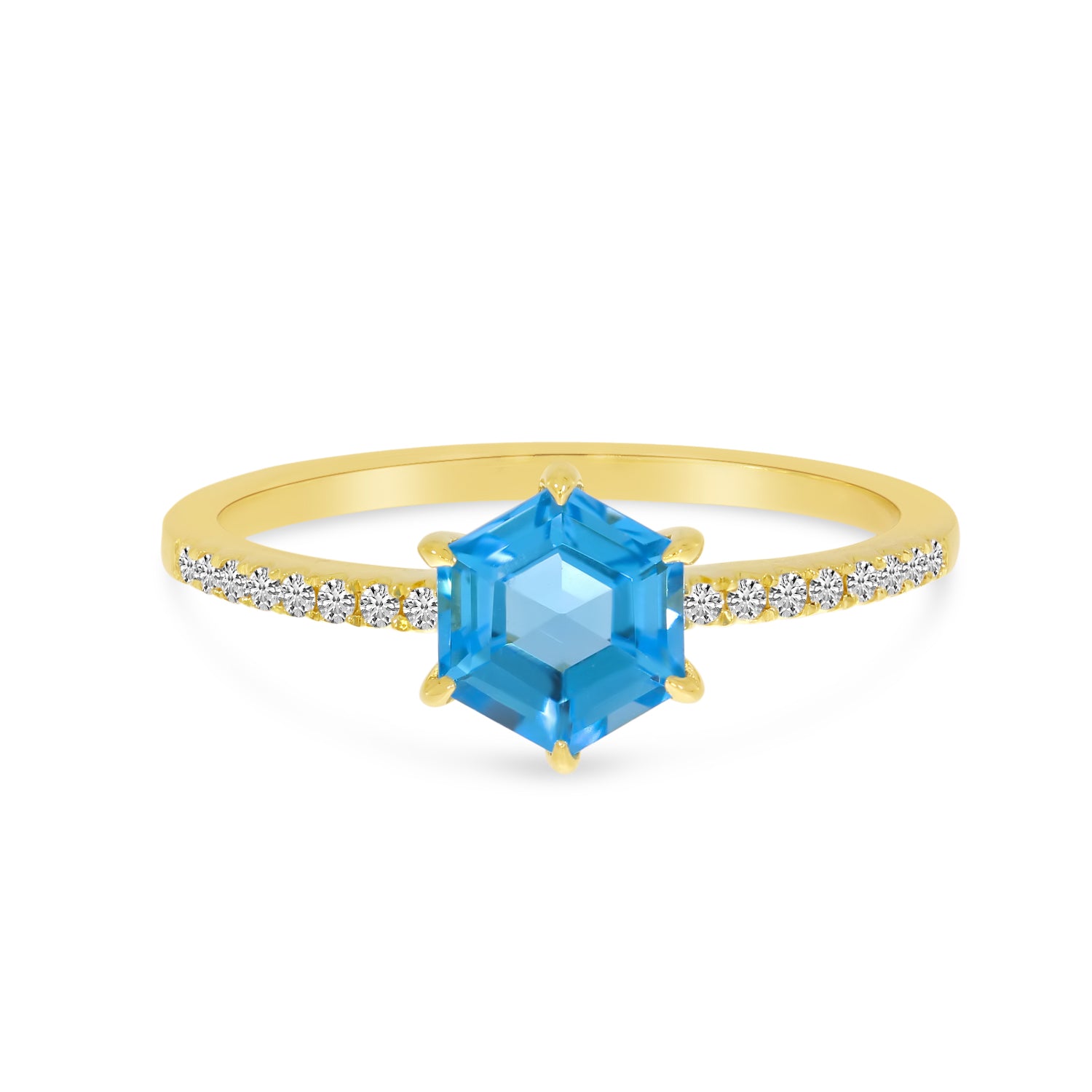 14K Yellow Gold Blue Topaz Semi Hexagon Diamond Band Ring Birmingham Jewelry Ring Birmingham Jewelry