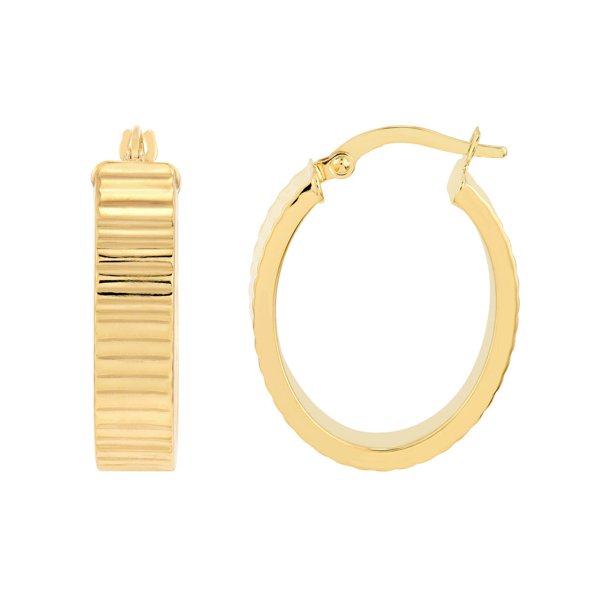 14K Yellow Gold Ridged Rectangular Tube Hoop Earrings