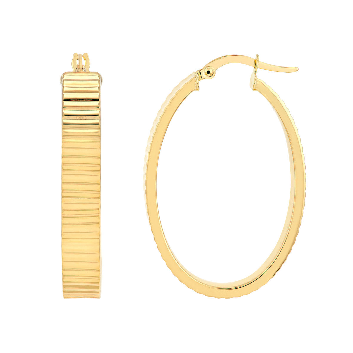 14K Yellow Gold D/C Ridged Rectangle Tube Hoop Earrings
