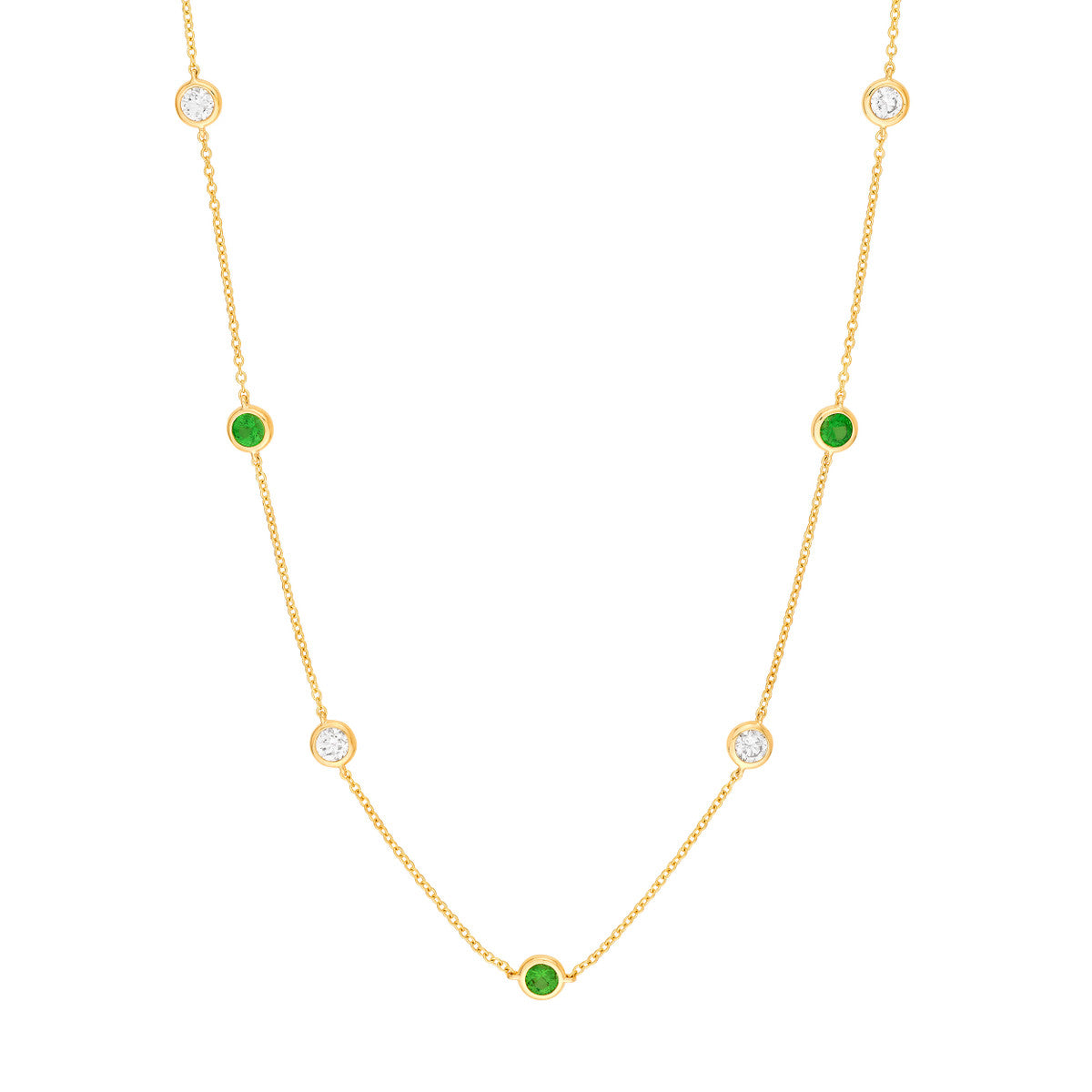 14K Yellow Gold 3/8tcw Diamond & Tsavorite Bezel Station Necklace