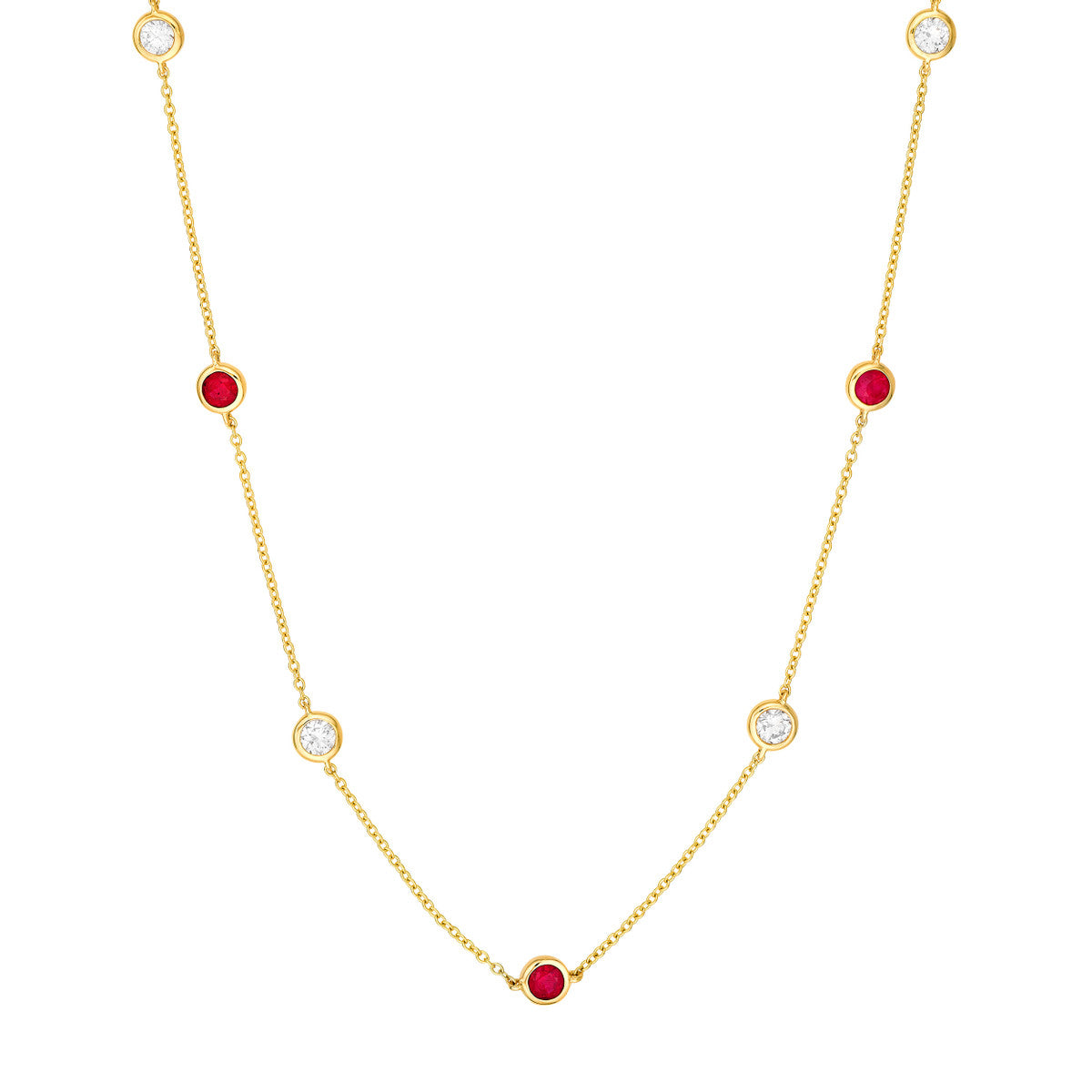 14K Yellow Gold 3/8tcw Diamond & Ruby Bezel Station Necklace Birmingham Jewelry Necklace Birmingham Jewelry