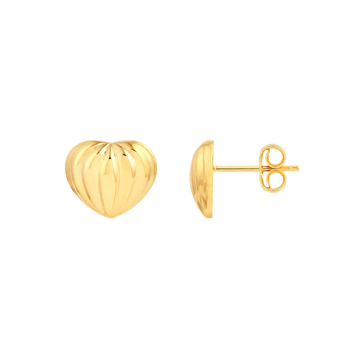 14K Yellow Gold Fluted Heart Small Stud Earrings