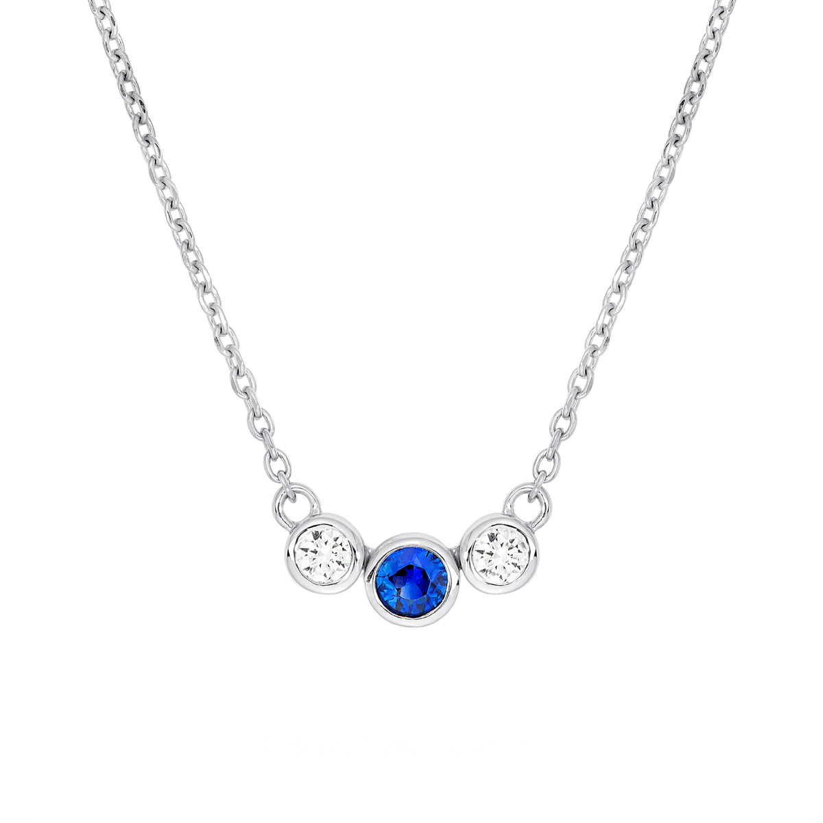 14K White Gold 3.70mm Blue Sapphire & 1/5tcw Diamond Bezel Necklace Birmingham Jewelry Necklace Birmingham Jewelry