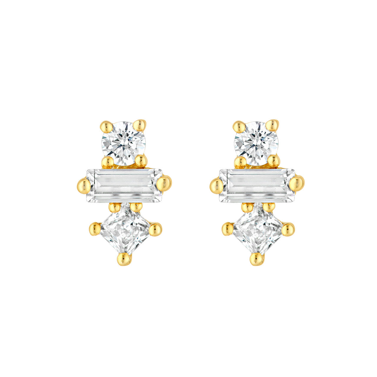 14K Gold Square Baguette Princess & Round Diamond Studs Birmingham Jewelry Earrings Birmingham Jewelry