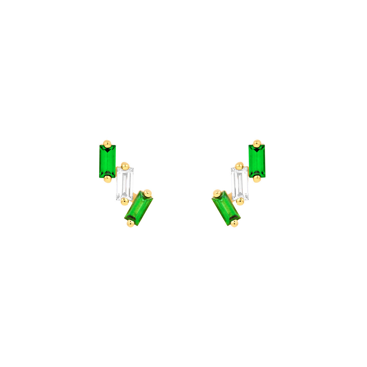 14K Yellow Gold Square Baguette Tsavorite & Diamond Stud Earrings