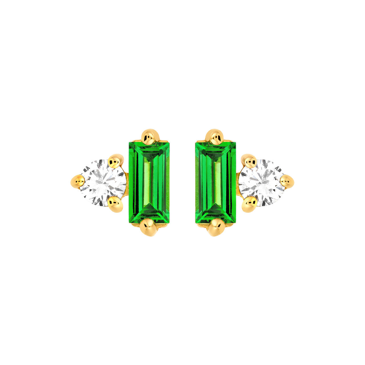 14K Yellow Gold Square Baguette Tsavorite & Round Diamond Earrings
