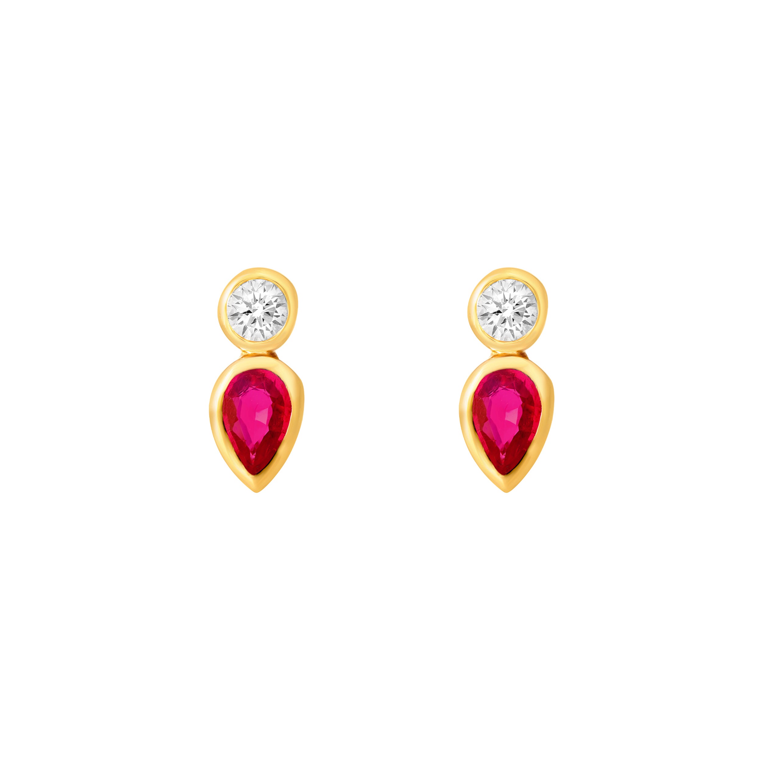 14K Yellow Gold 1/4tcw Pear Shape Ruby & 1/10tcw Round Diamond Bezel Earring Birmingham Jewelry Earrings Birmingham Jewelry