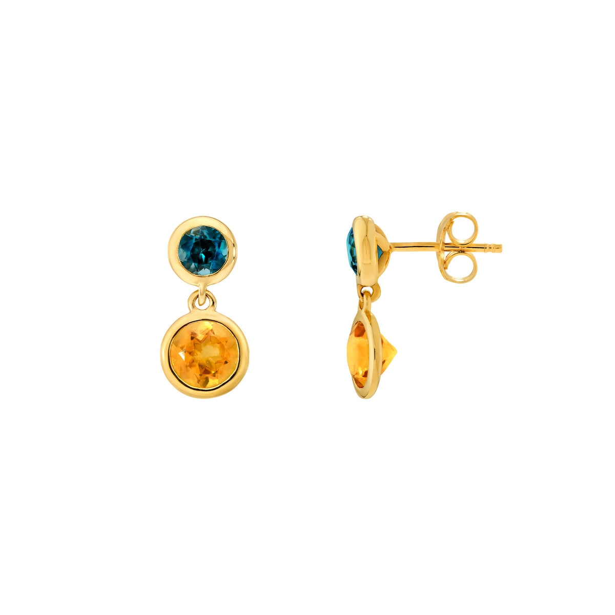 14K Yellow Gold Sky Citrine & Blue Topaz Bezel Drop Earrings Birmingham Jewelry Earrings Birmingham Jewelry
