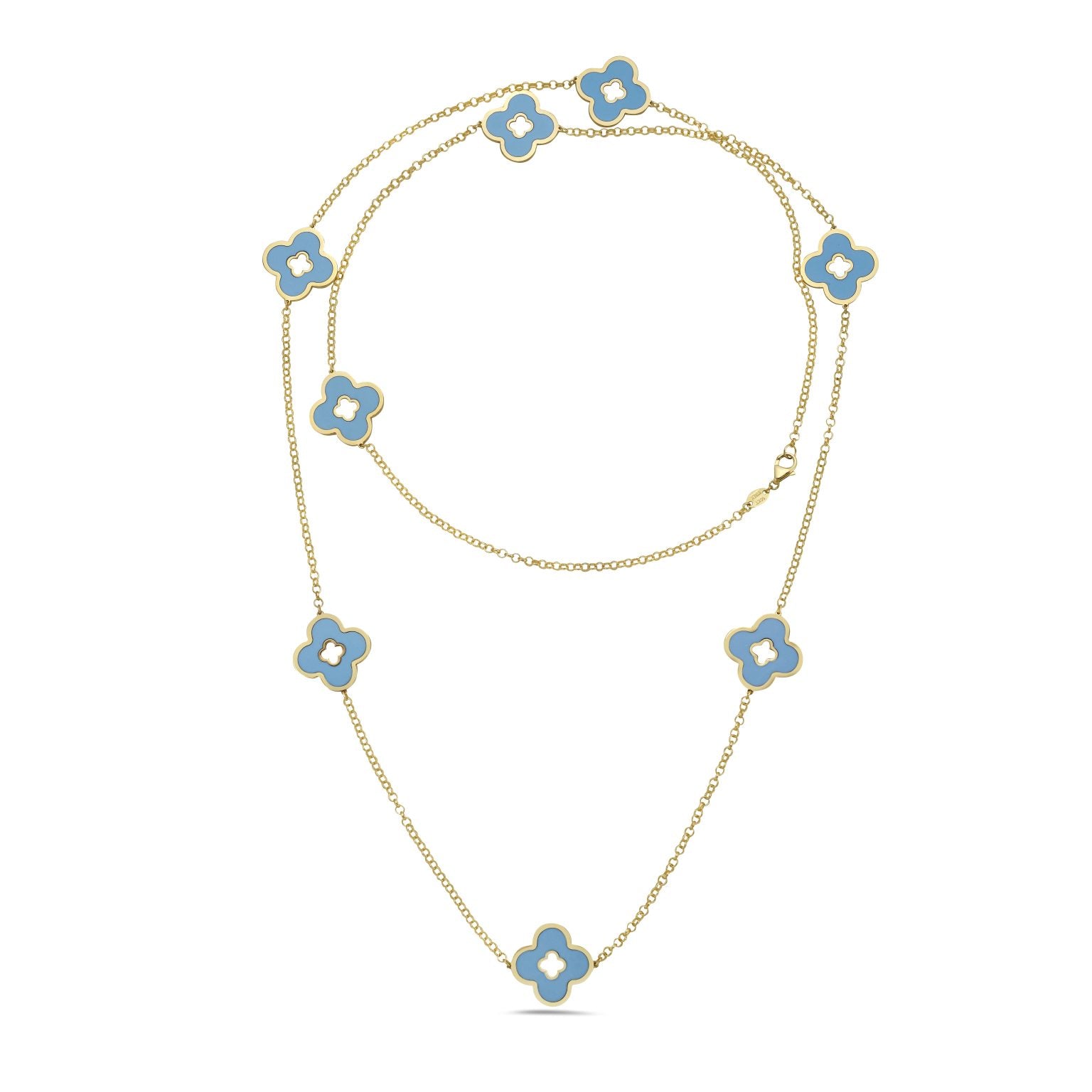 14K Yellow Gold Clover Cut-Out Station Long Necklace (Turquoise) Birmingham Jewelry Necklace Birmingham Jewelry
