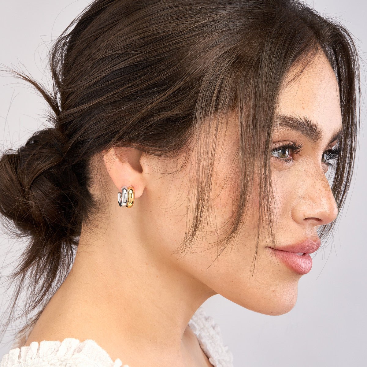 Birmingham Jewelry - 14K Two Tone Gold 15.00mm Small Double Open Hoop Earrings - Birmingham Jewelry