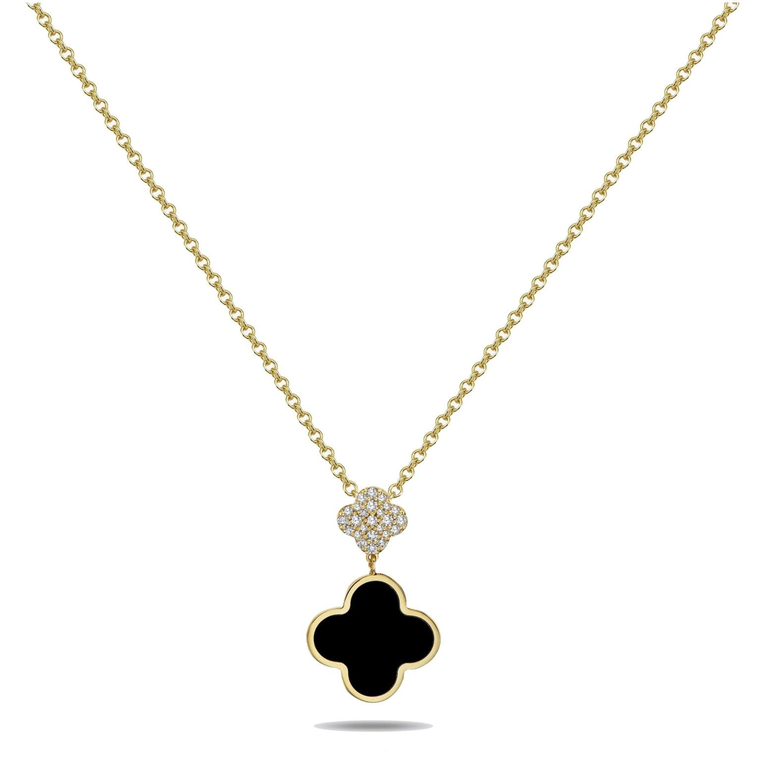 Birmingham Jewelry - 14K Yellow Gold Clover Dangle Diamond Pendant Necklace (Onyx) - Birmingham Jewelry