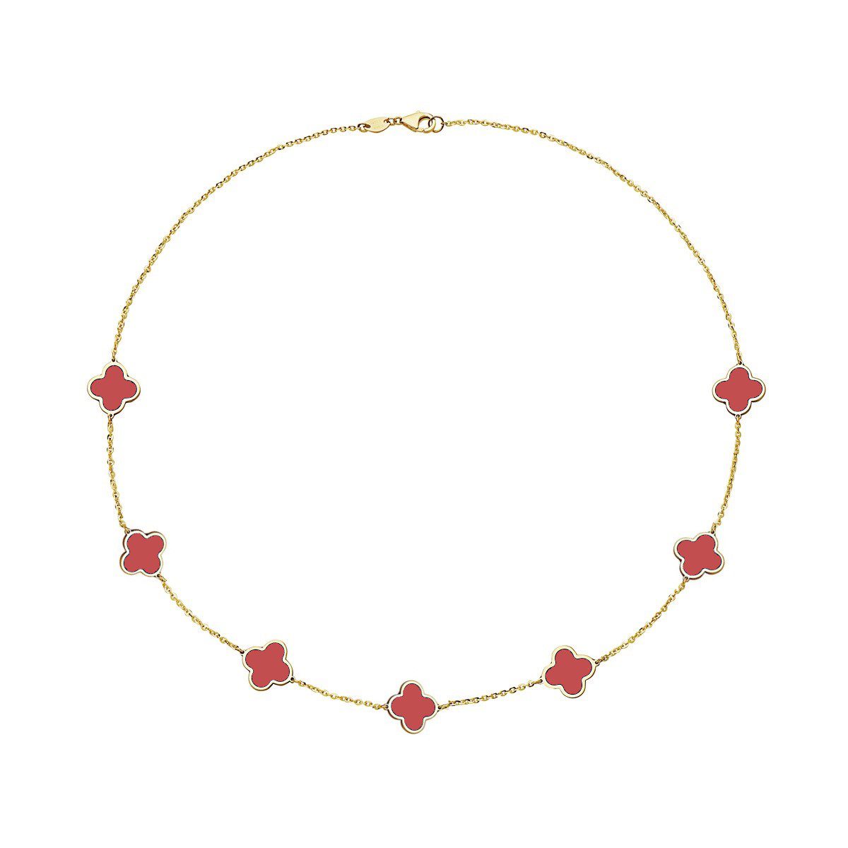 Birmingham Jewelry - 14K Yellow Gold Clover Station Necklace (Coral) - Birmingham Jewelry