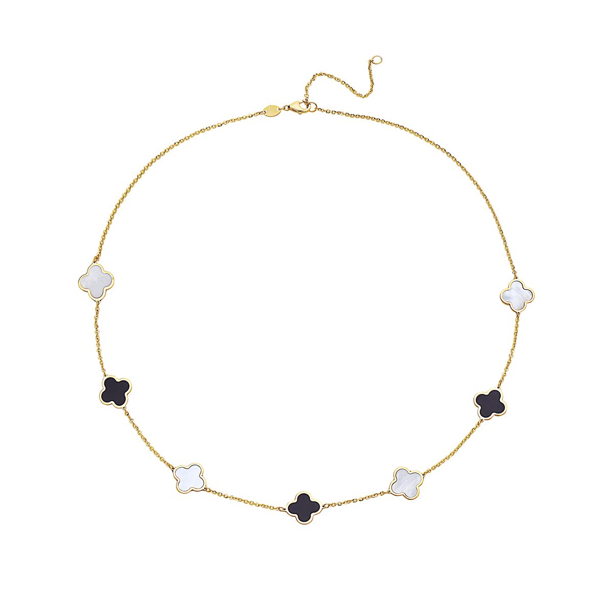Birmingham Jewelry - 14K Yellow Gold Clover Station Necklace Two - Color (MOP / Onyx) - Birmingham Jewelry