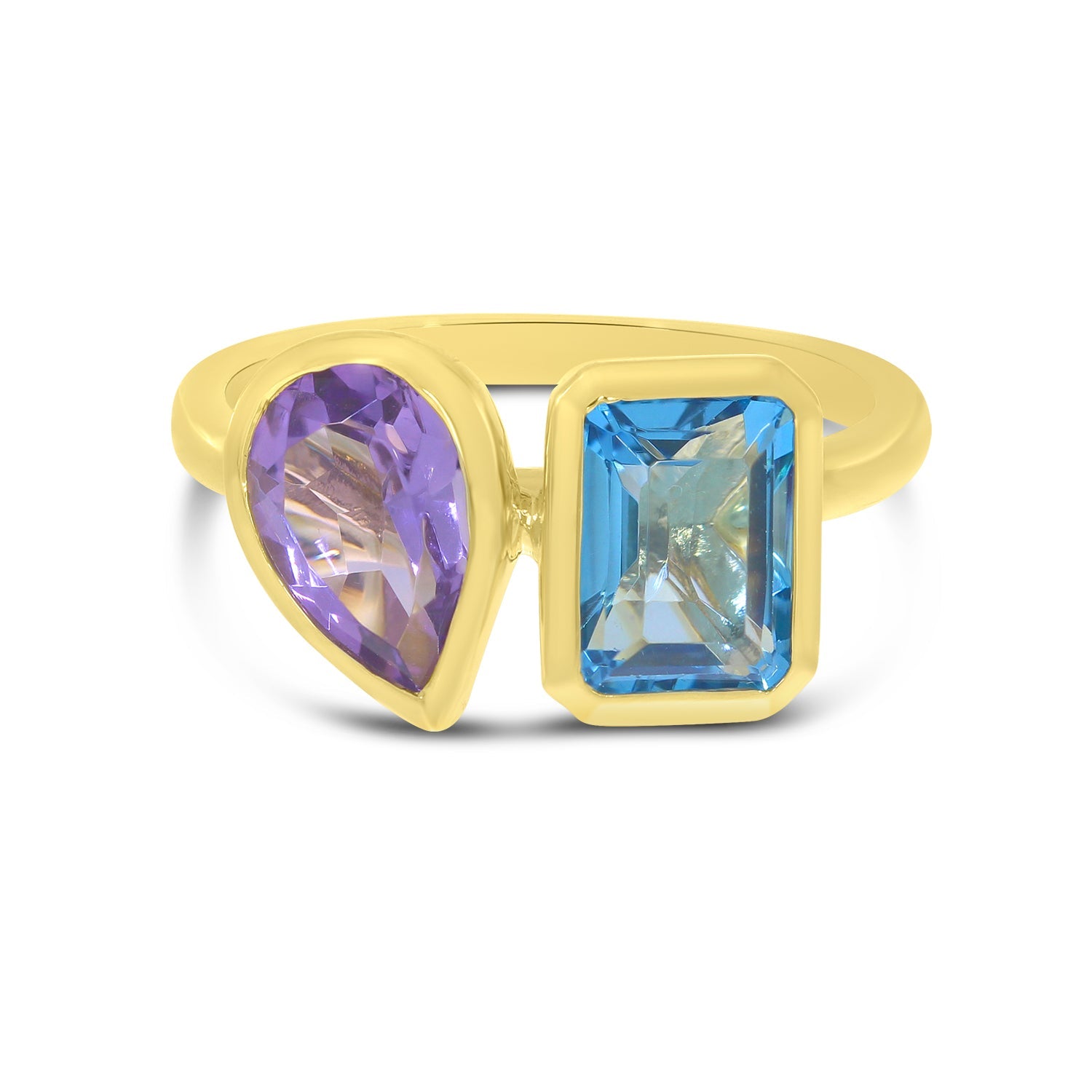 Birmingham Jewelry - 14K Yellow Gold Emerald Cut Blue Topaz and Pear Amethyst Semi Precious Duo Ring - Birmingham Jewelry