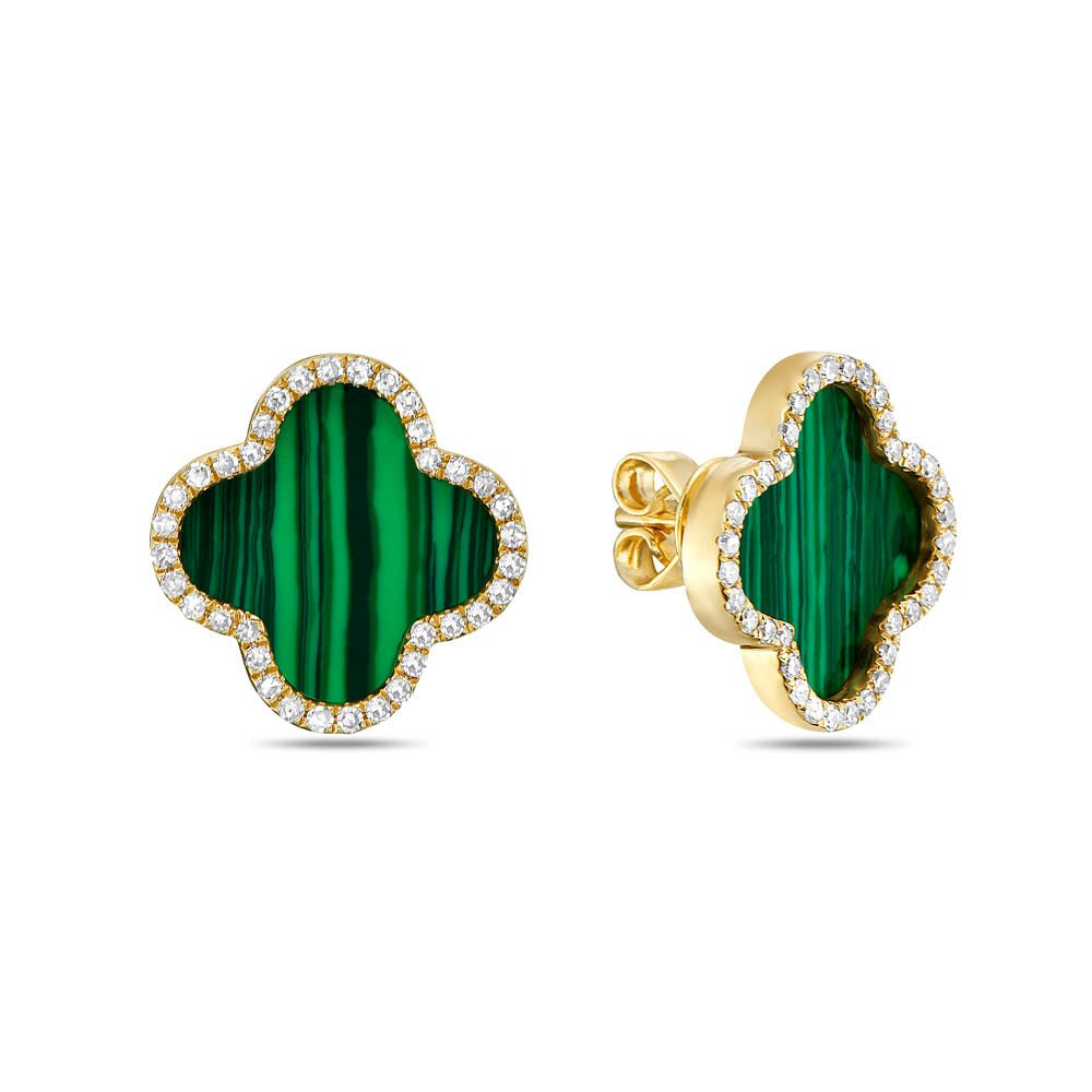 Birmingham Jewelry - 14K Yellow Gold Large Clover Earrings - Diamond (Malachite) - Birmingham Jewelry